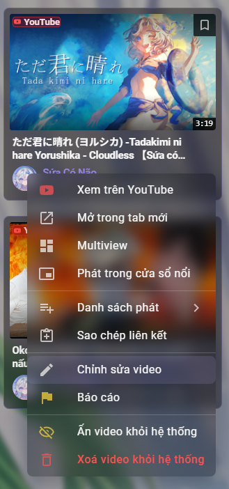 Mỗi thẻ video sẽ có nút 3 chấm khi di chuyển chuột vào thẻ, ấn mở menu 3 chấm sẽ có menu tương tác. Hãy chọn `Chỉnh sửa video`